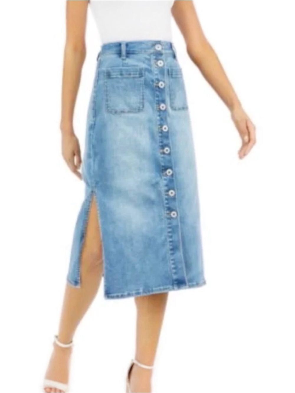 INC Classic Light Blue Denim Button-Front Midi Skirt Column Skirt Stretchy